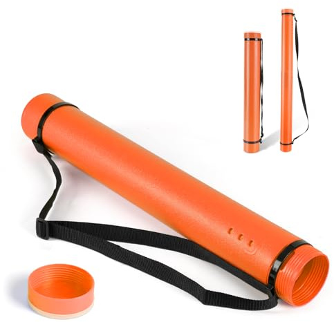 DEWEL Expandable Poster Tube 63-107cm, Telescopic Document Tube with Strap | Waterproof Plastic Drawing Tube Adjustable Art Storage Tube for Blueprints, Maps, Artwork, Documents, Flip Chart (Orange)