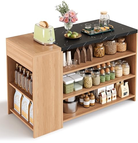 Isla de cocina de 140 x 60 cm con encimera, isla de cocina independiente con aspecto de mármol, 5 niveles, cajón oculto y aspecto de roble, carrito de cocina para cocina y comedor, roble y negro