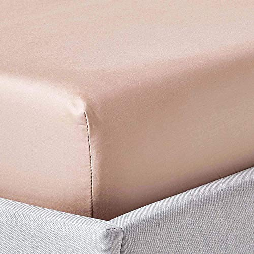 HOMESCAPES Luxus Spannbettlaken 160x200 cm beige, Satin-Spannbetttuch, 100% ägyptische Baumwolle, Bettlaken mit Gummizug Fadendichte 1000