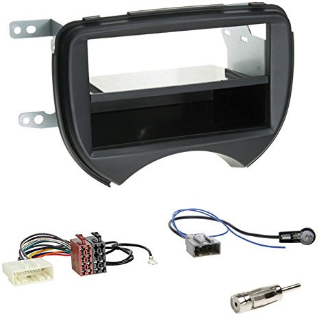 Einbauset: Autoradio 2-DIN Doppel-DIN Blende - Halterung - Radioblende mit Ablagefach - Farbe: schwarz + ISO KFZ Radioadapter + Antenne Stecker für Nissan Micra (K13) 11/2010-08/2013