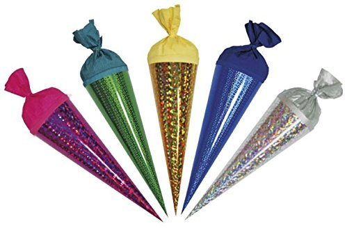 #5xGeschwister Schultüte 35cm rund Krepp Uni Hologramm 5 Farben sortiert