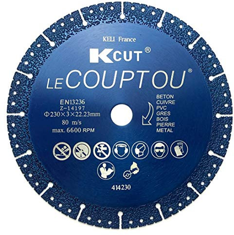 KELI FRANCE - K•CUT - Disque Diamant à tronçonner LE COUPTOU, utilisation universelle (béton, cuivre, briques, fer, pierres, tuiles, parpaing, bois,PVC), EN13236 (230mm)