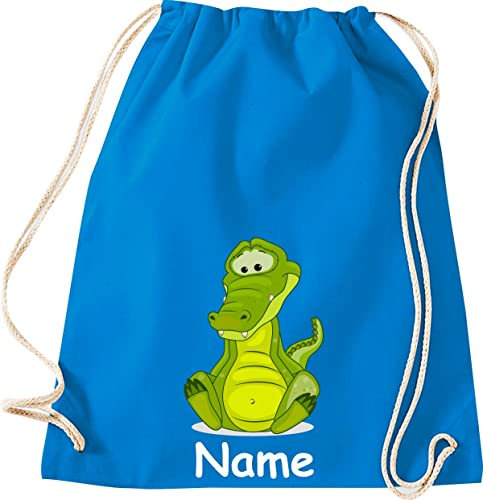 Shirtinstyle Gym Sack Kinder Turnbeutel Tiere Krokodil mit Wunschnamen, Beutel Tasche Hort Kita, Farbe Sapphire