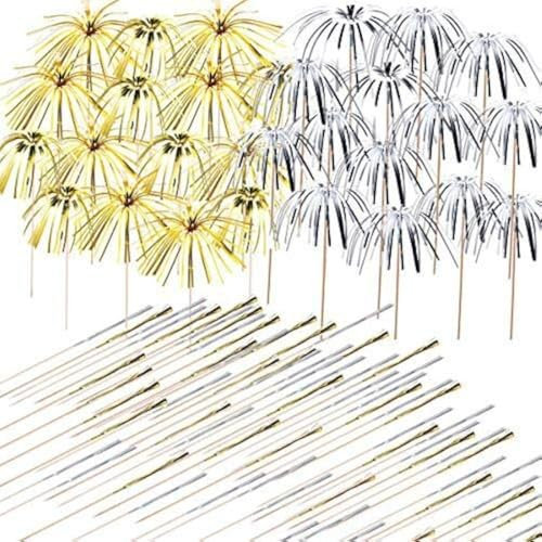 Allazone 200 Stück Cocktail Picks Feuerwerk Party Picks Feuerwerk Kuchen Topper, Sandwich Cocktail Picks, Zahnstocher für Kuchen Dekoration, Party Supplies, Weihnachtsdekoration, Golden und Silber