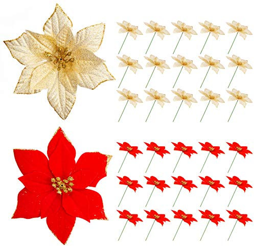 30 Piezas Adorno de Árbol de Navidad, Flores Artificiales de Navidad para Decoraciones de árboles de Navidad (Dorado, Rojo)
