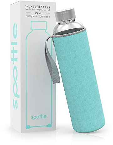 spottle Trinkflasche aus Glas 1l - Glasflasche 500ml - 750ml - 1 liter mit Neoprenhülle - Schutzhülle - Glastrinkflasche mit Schraubverschluss (Weicher Samt/Velour in Türkis, 750 ml)