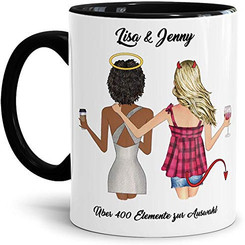 Personalisierbare Tasse - Beste Freundinnen - zum selbst Gestalten mit Spruch und Wunschnamen als anpassbares Geschenk für die Beste Freundin - Innen & Henkel Schwarz, 300 ml