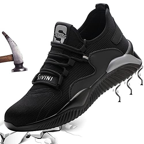 Mitudidi Arbeitsschuhe Herren Damen Sicherheitsschuhe Leicht mit Stahlkappe Stahlkappenschuhe Sportliche Schutzschuhe Atmungsaktiv rutschfest Schwarz Grau 45 EU