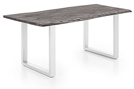 Woodkings® Esstisch Bullwer Holz Akazie grau, Metallfuß weiß, Tisch mit Baumkante, Baumtisch, Baumkantentisch, Echtholz modern, Design, Massivholz, Küchentisch, Esszimmermöbel (200 x 100 cm, weiß)