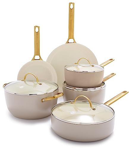 GreenPan Reserve Hard Anodized Healthy Ceramic Nonstick 10 Piece Cookware Pots and Pans Set, Gold Handle, PFAS-Free, Dishwasher Safe, Oven Safe, Taupe Brown