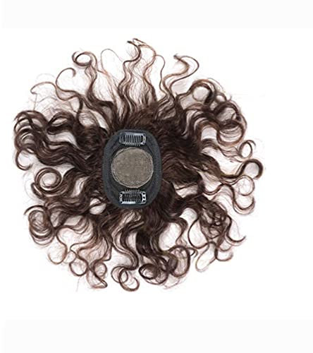 Eree Hair Kurzes, lockiges Echthaar-Topper für Damen, Toupet 7 x 8 cm, Seidenoberfläche, Haar-Topper, Wellen-Ersatzhaarteil, Perücken-Haarteil für dünner werdendes Haar, Dunkelbraun