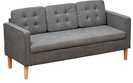 HOMCOM Modern 3-Seater Sofa Button-Tufted Fabric Couch with Storage Chest Rubberwood Legs for Living Room, Grey
