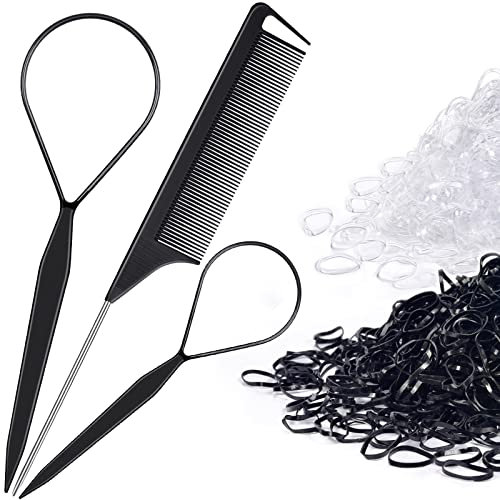 Topsy Tail Hair Tools, IKOCO Hair Helper with 2pcs Hair Elastic Cutters 2pcs Hair Loop Tools 1pcs Rat Tail Comb 400cs Clear And Black Hair Rubber Bands For Hair Styling