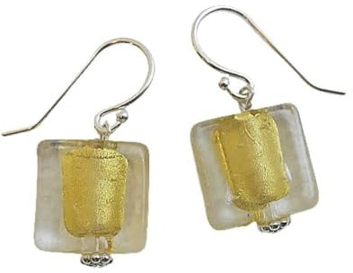 Pendientes colgantes cuadrados de plata esterlina de pan de oro transparente de cristal de Murano