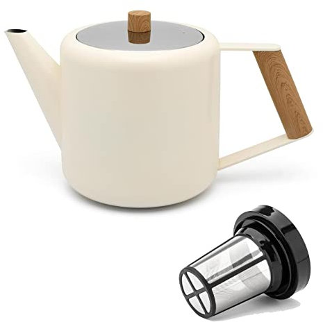 Teekanne Set 1.1 Liter - Edelstahl doppelwandig Creme-Weiß - Großer moderner Teebereiter mit Tee-Filter-Sieb-Aufsatz für losen Tee