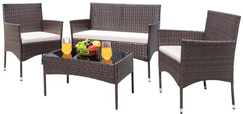 Greesum Terrassenmöbel, 4-teilig, Gesprächsset, Rattan-Stühle, Garten, Hinterhof, Balkon, Veranda, Pool, Loveseat mit weichem Kissen und Glastisch, Braun und Hellbeige