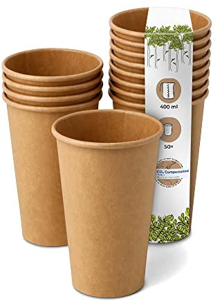 BIOZOYG 50x vasos desechables 400 ml / 16 oz, Ø 90 mm marrón - vasos cafe sin plástico y con materiales sostenibles - vasos cafe desechables