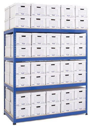 Horison Industries Garage Racking with Boxes, Box Shelving Unit, Garage Storage Solutions with Boxes, Shelving Units - Double Sided Archive Storage Blue,White Bin with 80 Boxes - 1830x2100x915mm