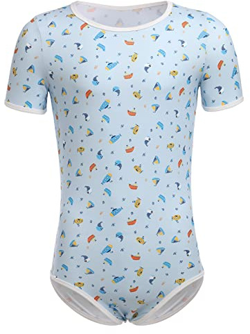 Men's One Piece Pyjamas Short Sleeve Cute Print Romper Pajamas Bodysuit Leotard Nightwear Sleepwear Tops Sky Blue M