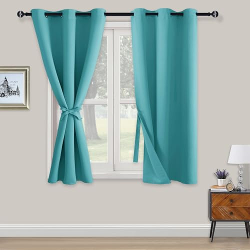 XWZO Blickdichte Vorhänge Verdunklungsvorhänge mit Ösen 2 Stücke Gardienen mit Raffhalter Lichtundurchlässige Vorhänge für Schlafzimmer,WonhzimmerBüro,138x117 cm, Türkis