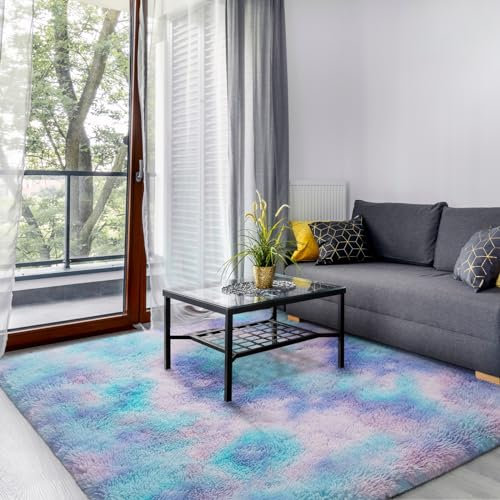 SOANNY Hochflor Teppich, Waschbar Anti-Rutsch, Flauschige Moderne Extra Große Teppich für Kinderzimmer & Büro, Bettvorleger Matte, 150 x 240 cm, Türkis Lila