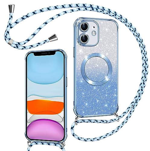 Phoona Couqe Magnétique pour iPhone 11 avec Cordon, Bleu | Compatible avec MagSafe, Brillant Glitter Pailleté Antichoc Durable Résistante Etui Housse Anti-Poussière Soft TPU Bumper