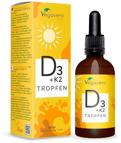 Vitamin D3 K2 Tropfen | 100% Vegan | Hochwertiges K2Vital® & Vitamin D3V® | 2.000 IE Vitamin D 3 + 25 µg Vitamin K 2 all-trans | Laborgeprüft & Ohne Konservierungsstoffe | Vegavero®