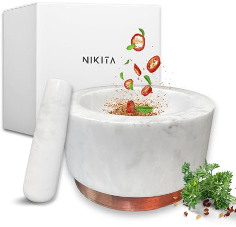NIKITA White Marble Pestle and Mortar Set - Large Mortar and Pestle Set for Herb and Spice Crusher Kitchen Set - Heavy and Durable Stone Pestle and Mortar - Rose Gold