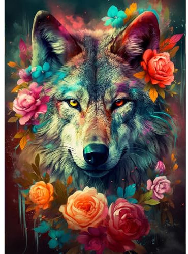DAERLE DIY Diamond Painting Bunter Wolf, 5D Diamant Painting Bilder Wolf mit Blumen, Diamant Malerei Cross Stitch Stickerei Kunsthandwerk Set für Erwachsene, Wanddekorationen für Zuhause 30x40cm