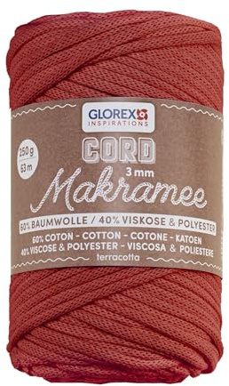 GLOREX 5 1006 32 - Makramee Cord 3 mm, 250 g, Terracotta, Länge 63 m, gewebtes Textilgarn, 60 % Baumwolle, 40 % Viskose und Polyester, zum Häkeln, Stricken, Knüpfen und Gestalten