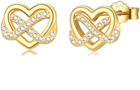 Kleine Ohrstecker für Damen Herren Mädchen, Unendlichkeits Herz Ohrstecker aus 925 Sterling Silber mit Zirkonia in der Farbe Gold, Schmuck Geschenk