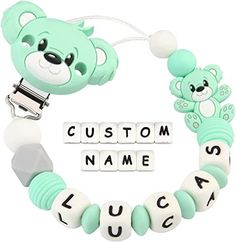 Kowlone Schnullerkette mit Namen Jungen mädchen Personalisiert Teddy Bär Schnuller Clips Halter(Grün)