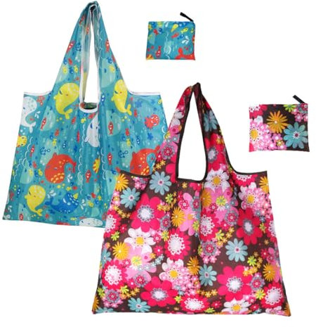 FAVORTALK Fold Away Shopping Bags - 2 Pack Foldable Large Lightweight Eco-Friendly Folding Shop Bag fits in Pocket Washable Waterproof Nylon Shopper Bags Reusable Grocery Bags for Life - 16411