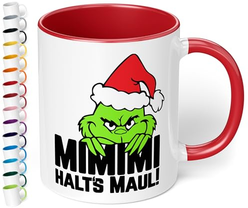 True Statements Lustige Weihnachtstasse mit Namen und böser Katze „Mimimi Halts’s Maul!“ - 330ml - personalisierter Keramik Kaffeebecher mit Spruch – Anti Weihnachten Geschenk (Rot)