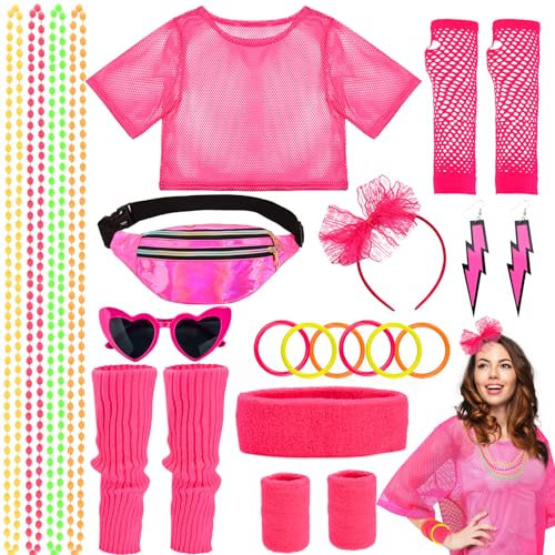 80er 90er Jahre Outfit Damen 80er Jahre Accessoires T-Shirt Gürteltasche Ohrring Halskette Zhandschuhe Brille Haarreif Stirnband Set Beinstulpen Armband Für Karneval Cosplay Party 80er Kleidung Damen