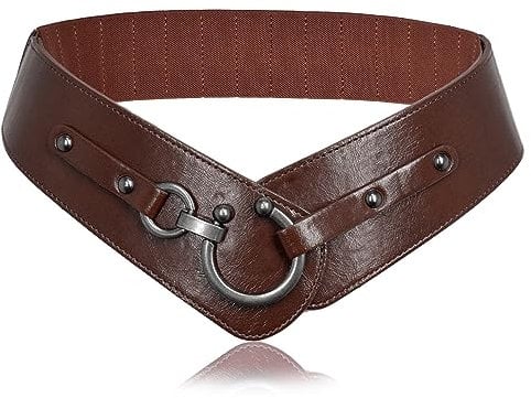 TeeYee Damen Ledergürtel Mode Runde Haken Design Breite Hüfrgürtel Elastische Gürtel für Mädchen kaffee XXL