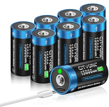 CITYORK 15000mWh 1,5v USB D Batterie Rechargeable avec câble de Chargement USB-C (8 Packs), Piles Mono D LR20, Batterie Rechargeable USB D au Lithium-ION, Plus de 1000 Cycles et Recyclable