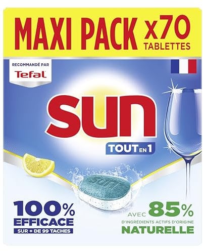 SUN - pastilles lave-vaisselle Tout en 1 Citron - 70 tablettes - avec 85% d'ingrédients d'origine naturelle - 100% efficace sur + de 99 taches - Fabriqué en France