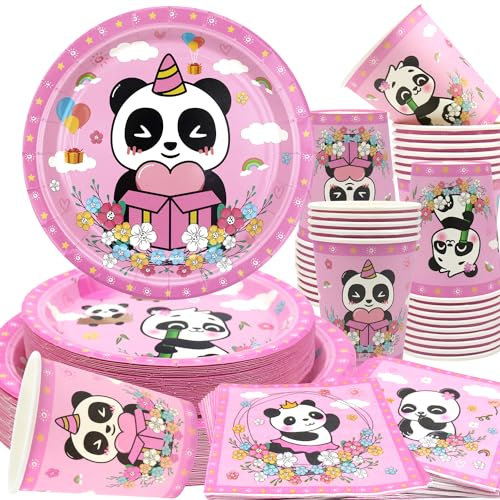 Obussgar Rosa Panda Geburtstag Party Dekorationen für Mädchen - Cartoon Panda Party Supplies einschließlich Teller, Tassen, Servietten, Tischdecken für Mädchen Party Dekorationen (20)