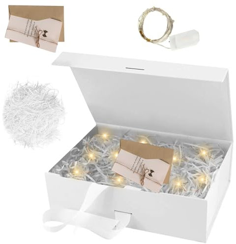 Geschenkbox mit Deckel, Geschenkkarton mit Schleife, Geschenkschachtel, Geschenkkarton mit Raffia Hamper Shreds Grußkarten, Magnetische Geschenkbox LED-Licht für Hochzeit Geburtstag Valentinstag (C)