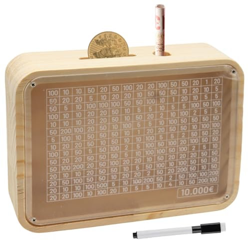 Sparbox Holz, Spardose Holz, Sparbox mit Zahlen Ankreuzen, Retro Sparbüchse mit Sichtfenster, Wiederverwendbare Spar Box, Hilft Kindern und Erwachsenen die Gewohnheit zum Sparen zu Entwickeln (10000€)