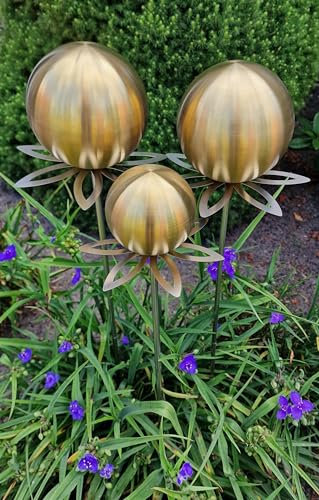 Jürgen Bocker Garten-Ambiente Blütenzauber Paris Rosenkugel 3er Set 15/15/10 cm Edelstahl Gartenstecker Deko mit Stab 80 cm (Gold matt)