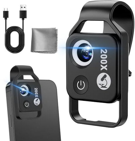Microscope 200X pour Appareil Photo de Smartphone, Ntrjtrss Mini Microscope pour Téléphone Portable avec 6 LED, Microscope USB Portable avec CPL, Microscope Numérique pour iPhone 13 14 15