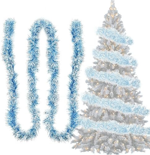 Lametta Weihnachtsbaum Türkis & Weiß 4X 3M Girlande Weihnachten Lametta Ø 9 cm,Glänzend Weihnachtsgirlanden Tannengirlande Weihnachtsbaumschmuck Türkis Weihnachtsdeko Christbaumschmuck Girlande