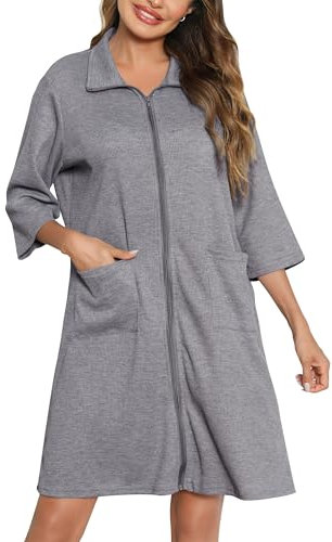 Lovasy Bademantel Waffelpique Damen mit Reissverschluss 3/4 Ärmel Waffelstrick Leichter Morgenmantel Knielang mit Taschen,Grau,XXL