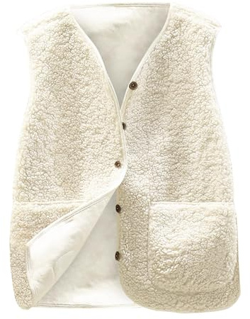 Yutdeng Gilet Donna Pile Invernale Smanicato Elegante Gilet Giubbotto Senza Maniche Giacca Teddy con Scollo a V e Bottoni Leggero Panciotto con Tasche,Beige,M