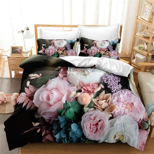 Tomifine Duvet Cover Set Rose Flower Printing Romantic Floral Bedding Set Flowers Pattern Duver Cover With Pillowcases Microfiber (Super King 260x220 cm,Pink Flowers)