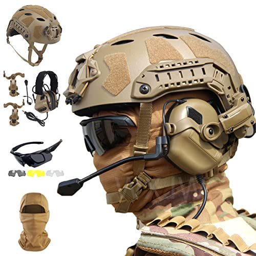 ANSNOW Fast Sf-Vollschutz-Taktikhelm-Set, Mit Airsoft-Headset Und Schutzbrille Mit Drei Linsen Und Taktischere, Für Paintball-Kriegsspiel-Militärset/Hellbraun