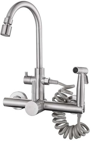 ZYCDP Küchennarmatur Wandmontage mit Spritzpistole, Einhand Mischbatterie Küchen Edelstahl Dual Mode Wasserhahn Küche Warm und Kalt Gebürstet