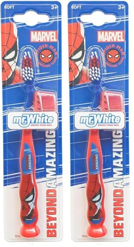Mr White Spiderman Toothbrush with Protection Cap, Suction Cup, Comfortable Handle and Soft Nylon Bristles for Kids (Pack of 2) - Red
